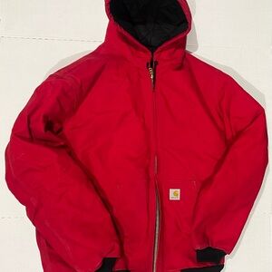 Vintage Carhartt Jacket Mens Xl Tall Red J140 Duck Canvas Hooded Quilt Lined
